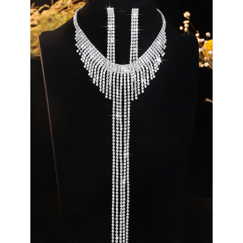 Women's Sparkling Rhinestone Jewelry Set - Silver Choker Necklace and Long Tassel Earrings, Glamorous Statement Accessories for Evening Dance and Cocktail Parties2