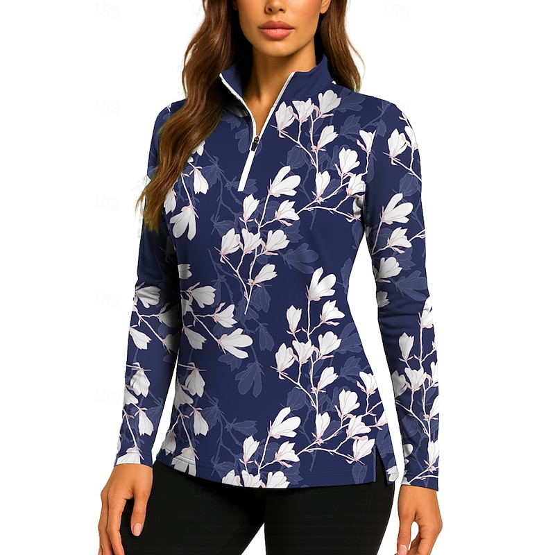 Women's Floral Tops Golf Polo Shirt Tennis Shirt Long Sleeve Print Quarter Zip Pullover UV Protection Elastic Breathable Tennis Golf Pickleball Stand Collar Zip Collar Shirt Polo Blue and White