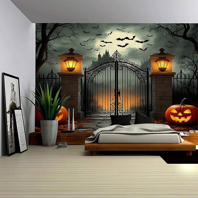 Halloween Jack O Lantern Pumpkin Hanging Tapestry Wall Art Large Tapestry Mural Decor Photograph Backdrop Blanket Curtain Home Bedroom Living Room Creepy Town Mansion House Halloween Decorations4