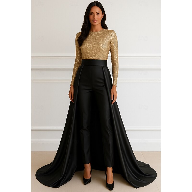 Black Gold A-Line Evening Gown Elegant Dress Formal Wedding Floor Length Long Sleeve Crew NeckMother Of the Bride Stretch Satin with Glitter Sequin