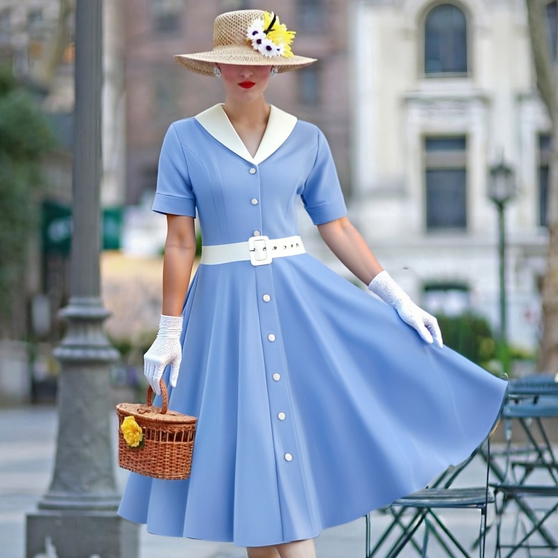 Elegant Retro Vintage 1950s Midi Dress Swing Dress Flare Dress Buckle With Belt Solid Color A-Line Fancy Dress Women's Valentine's Day Dailywear Date Tea Party Adults' Dress 1 Belt Spring & Summer