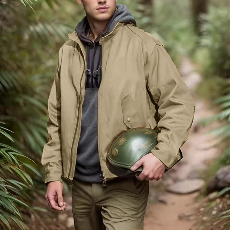 Men's Lightweight Jacket Casual Jacket Vacation Daily Pocket Spring Fall Plain Fashion Classic Stand Collar Regular Navy Blue Brown Khaki Jacket