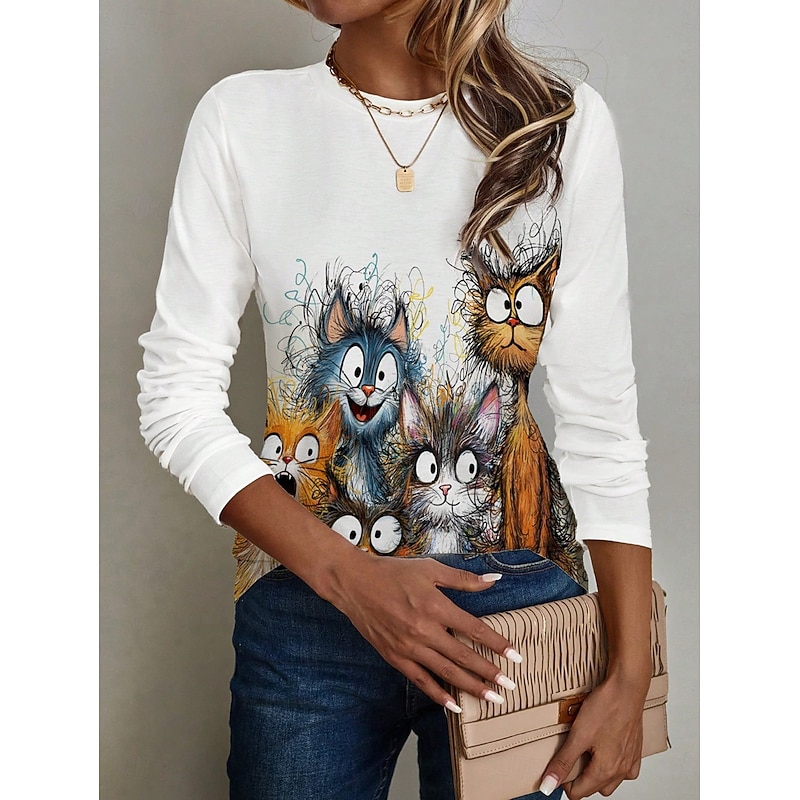 Women's T shirt Crew Neck Long Sleeve Tunic Graphic Animal Cat Casual  Regular Tops Daily Weekend Print White Fall2