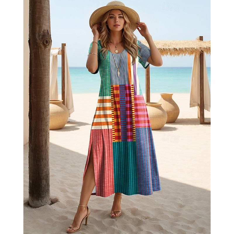 Women's Maxi Dress T Shirt Dress Tee Dress Sundress Shift Dress Vacation Casual Beach Party Beach Regular Fit Geometric Stripe Short Sleeve Crewneck Yellow Pink Red Blue Summer Spring