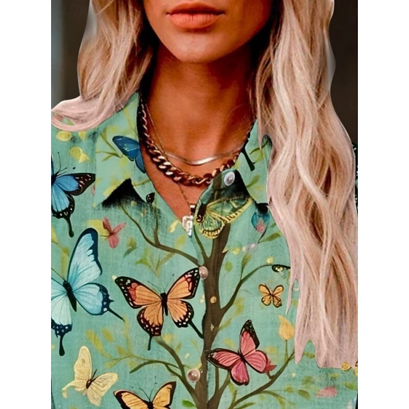 Women's Shirt Butterfly Active Daily Stylish Long Sleeve Shirt Collar Regular Tops Daily Holiday Buttons Print Green Summer Spring Fall3
