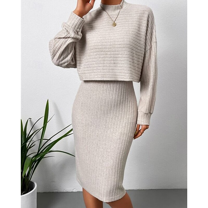 Women's Dress Set Slip Dress Casual Semi Formal Plain Design Mini Dress Long Sleeve Crew Neck Outdoor Date Black Sky Blue Apricot Spring Fall Regular Fit4