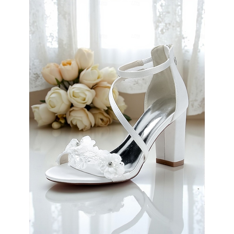 Women's White Bridal Block Heel Sandals - Elegant Open Toe Ankle Strap Heels with Lace Floral Embellishments, Perfect for Formal Weddings and Bridal Events4