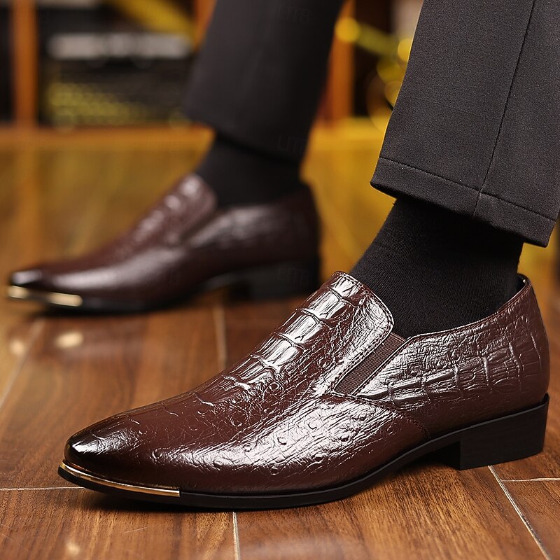 Men's Brown Faux Leather Crocodile Print Loafers – Glossy Slip-on Dress Shoes for Businessmen, Cocktail Parties and Formal Dinners2