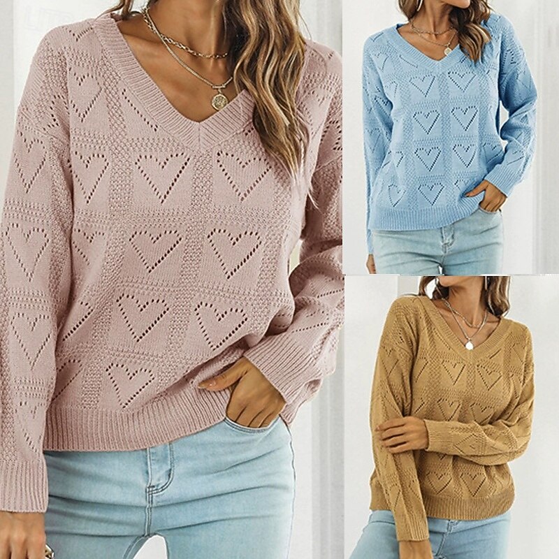 Women's Pullover Casual Solid Color Chunky V Neck Knitted Hole Long Sleeve Regular Tops Knit Daily Holiday Going out Yellow Pink Fall Winter