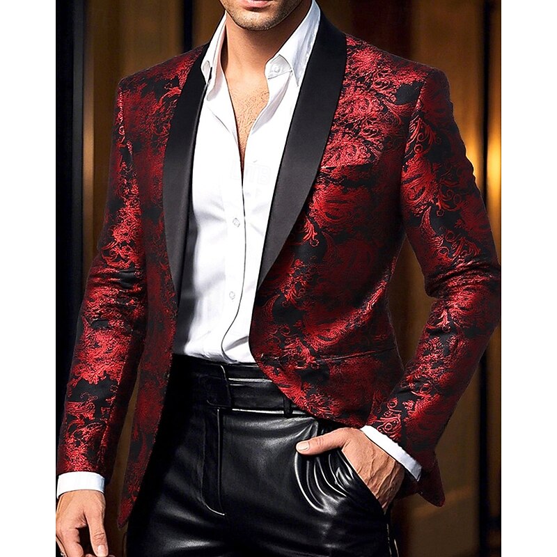 Men's Blazer Business Cocktail Party Wedding Party Fashion Casual Spring Fall Polyester Graphic Tee Buttons Comfortable Single Breasted Blazer Red