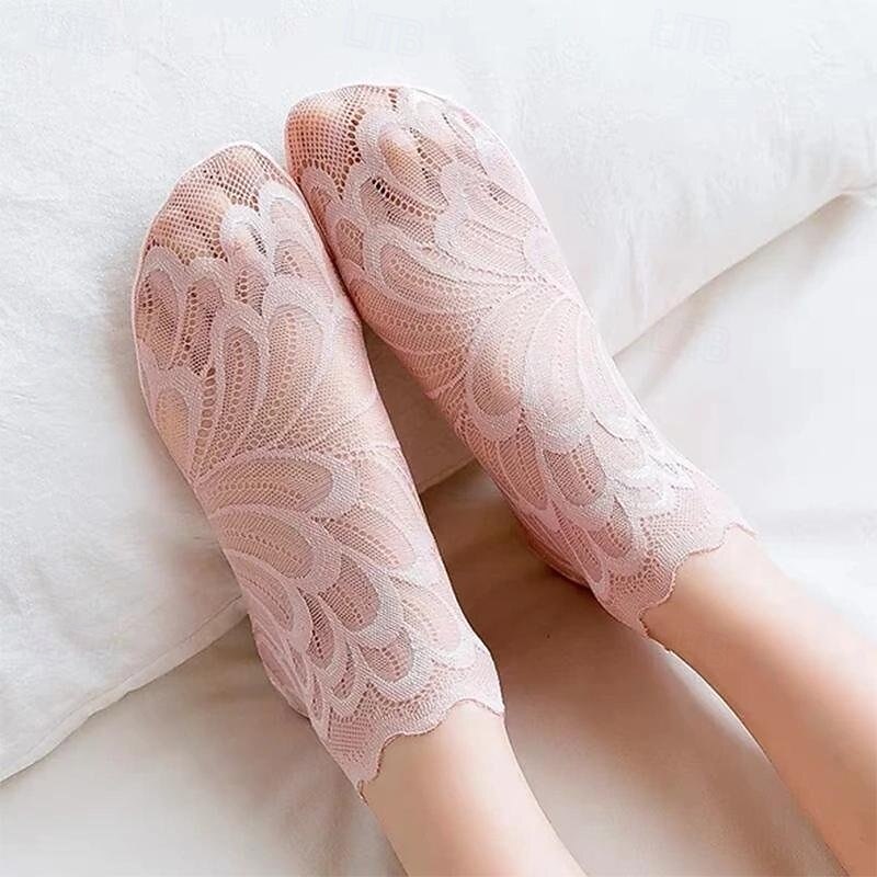 5 Pairs Amazing Crystal Peacock Socks Breathable Lace Ankle Socks for Women Sheer Mesh Feather Trim Non Slip Short Cute Low Cut Socks3
