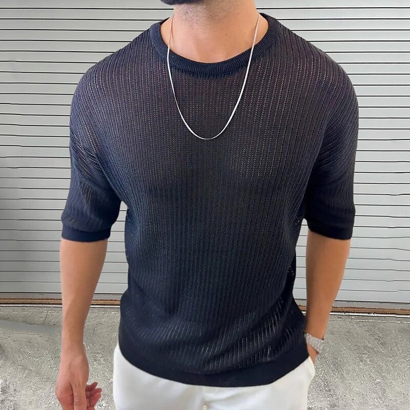 Men's Pullover Sweater Jumper Knit Sweater Ribbed Knit Regular Tops Knitted Plain Crew Neck Fashion Basic Vacation Daily Wear Clothing Apparel Summer Black White M L XL3