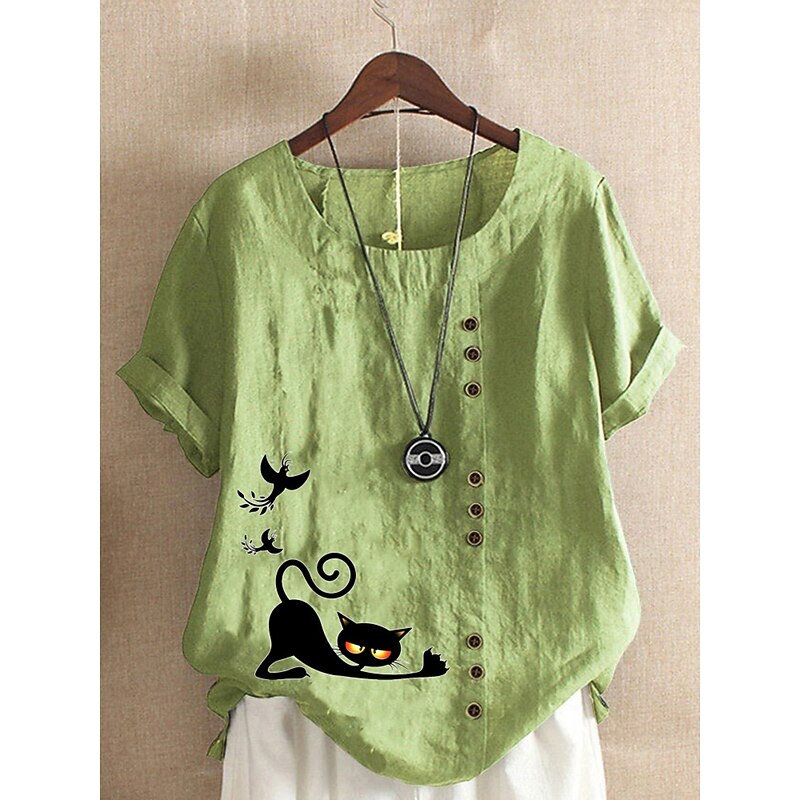 Women's Cotton Linen Shirts Animal Cat Elegant Vintage Tropical Short Sleeve Crew Neck Regular Tops Daily Holiday Vacation Wear Buttons Grass Green White Yellow Army Green Navy Blue Summer Spring2