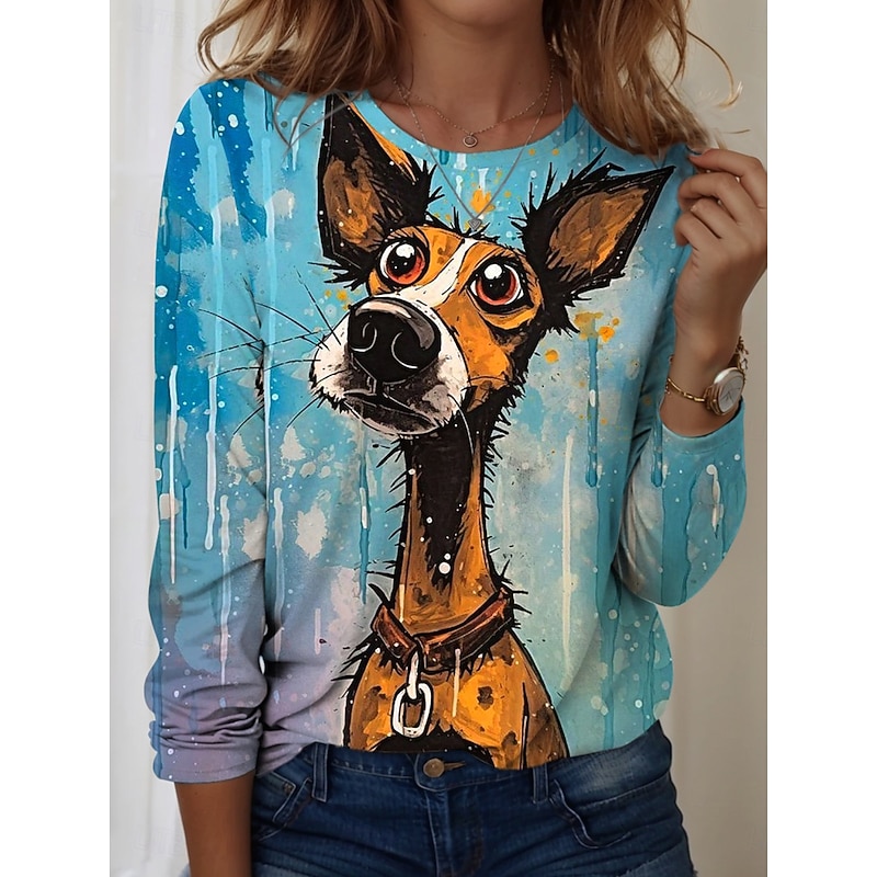 Women's T shirt Crew Neck Long Sleeve Tunic Graphic Animal Vintage Stylish Modern  Regular Tops Daily Print Yellow Blue Dusty Blue Orange Fall