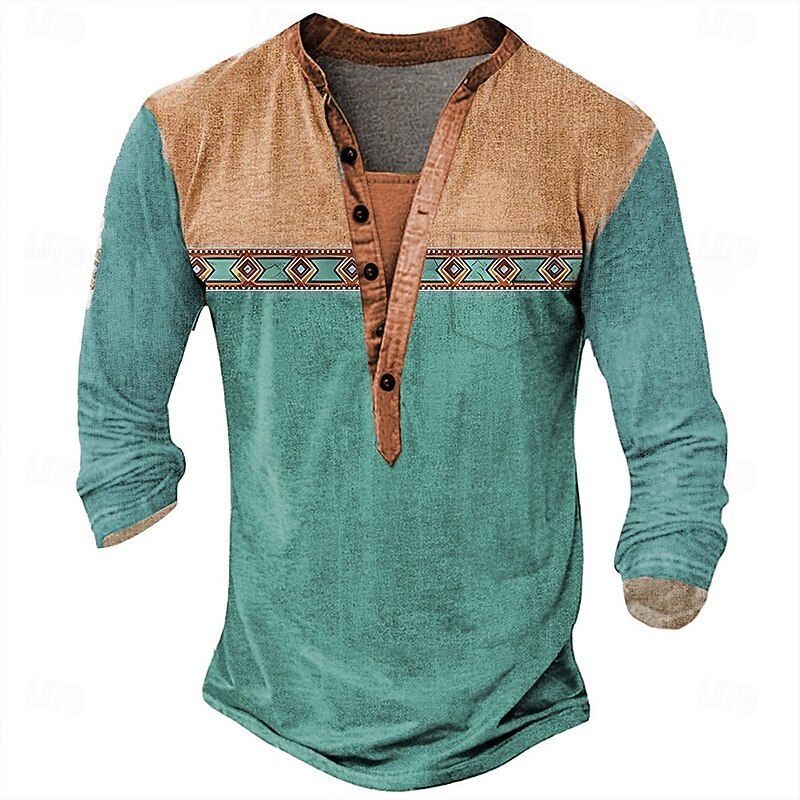 Men's Geometric Ethnic Henley Shirt Tee Long Sleeve Ethnic Casual Summer Spring Fall Lake blue Dark Gray Black Green Light Blue Henley Henley T-Shirt
