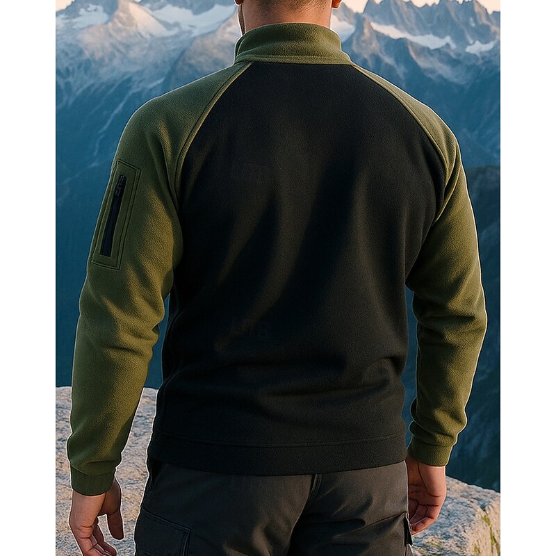Men's Fleece Sweatshirt Long Sleeve Stand Collar Top Outdoor Thermal Warm Full Zip Polyester Patchwork Army Green Royal Blue Beige Traveling Running2