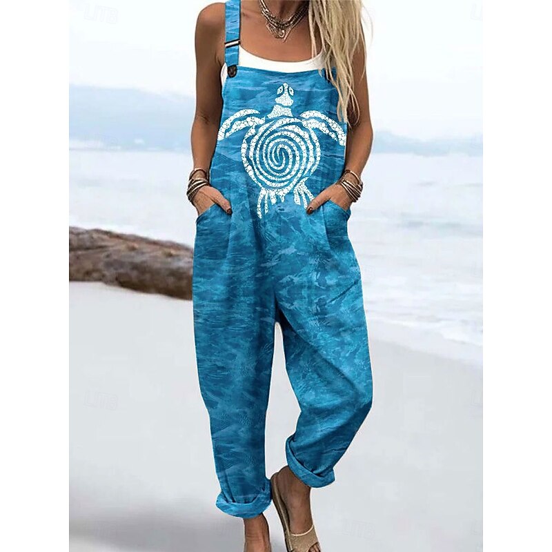 Women's Dungarees Active Graphic Sleeveless Print Vacation Street Loose Fit White Blue Green Summer4