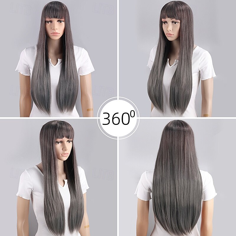 Silver-Gray Long Straight Wig for Women – High-Temperature Fiber, Highlighted, Full Bangs, Full Head Wig, Ideal for Cosplay, Halloween, and Everyday Wear2