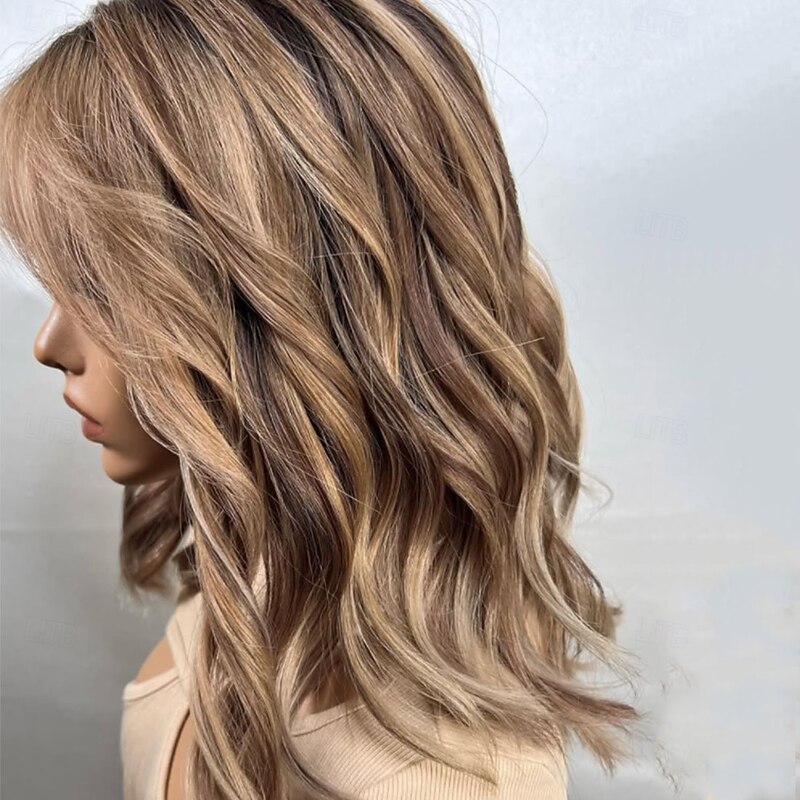 Brazilian Remy Human Hair 5x5 Closure Glueless Wigs 13x4 Lace Front Wig With Bangs Highlighted Wavy Ash Blonde Brown Human Hair Wigs 150% 180% Density with Baby Hair3