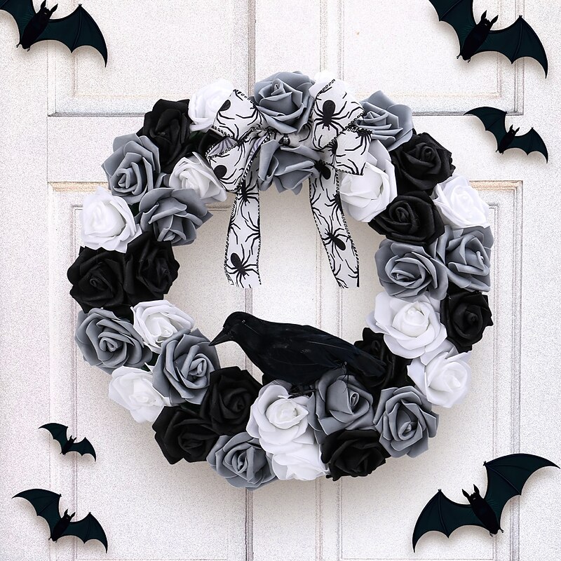 Halloween Wreath for Front Door Indoor Outdoor Decoration, Black and White Rose Crow Garland, Spooky Faux Floral Vine Ring for Party Wall Decor