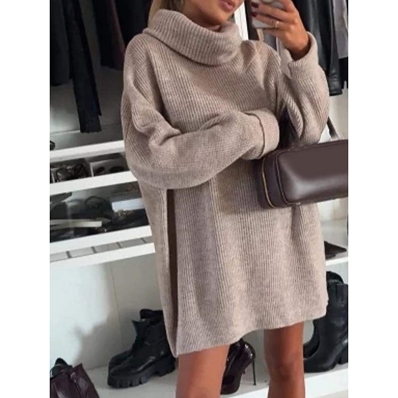 Women's Sweater Dress Daily Stylish Basic Pure Color Ribbed Turtleneck Knitted Long Sleeve Regular Tops Knit Outdoor Daily Black White Fall Winter