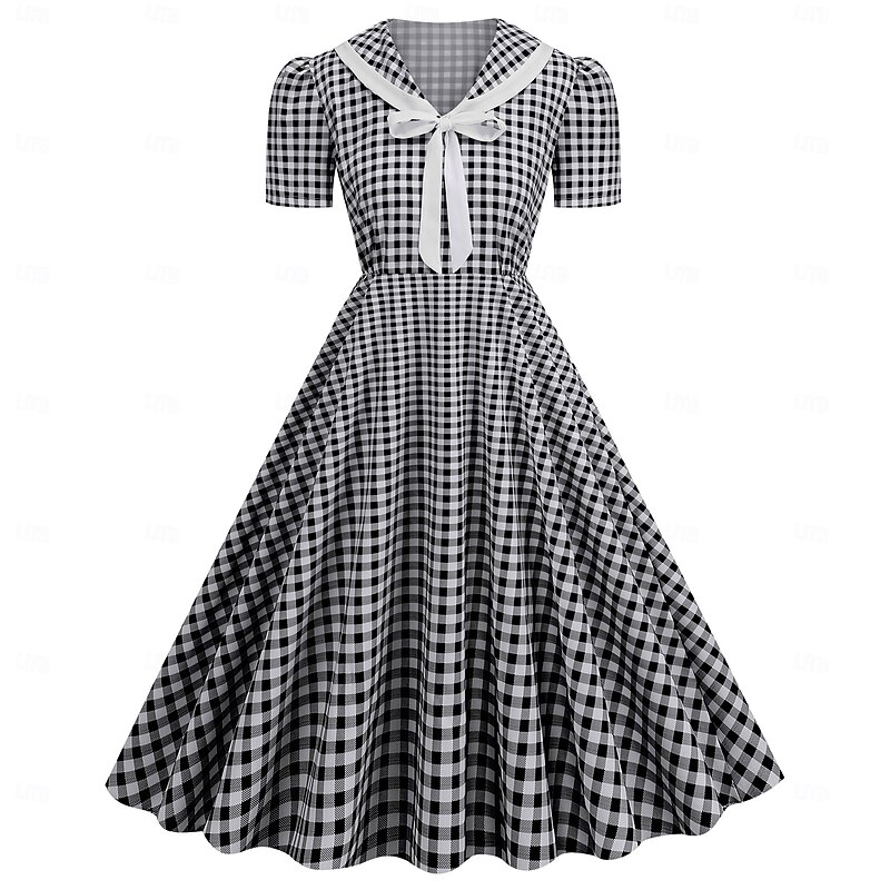 Retro Vintage 1950s Rockabilly Swing Dress Flare Dress Fit and Flare Plaid Polka Dot V Neck Fancy Dress Women's Halloween Carnival Vacation Casual Daily Retro Theme Party Adults Dress Spring & Summer
