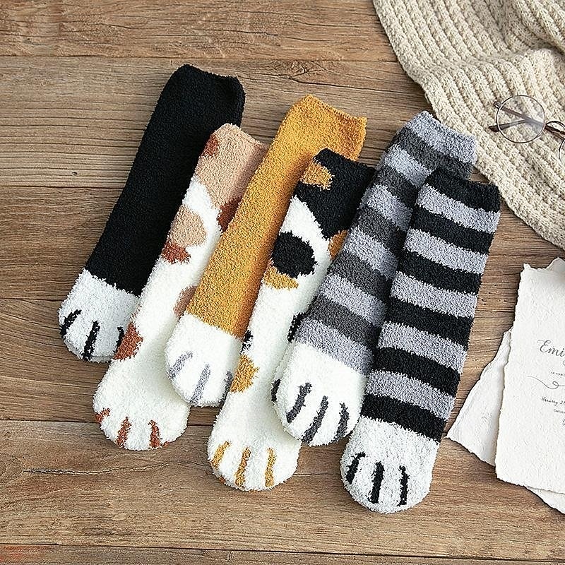 3 Pairs Cute Cat Claw Socks Fuzzy Coral Fleece Winter Warm Sleep Socks for Women Cozy Mid Calf Thick Soft Indoor Floor Socks