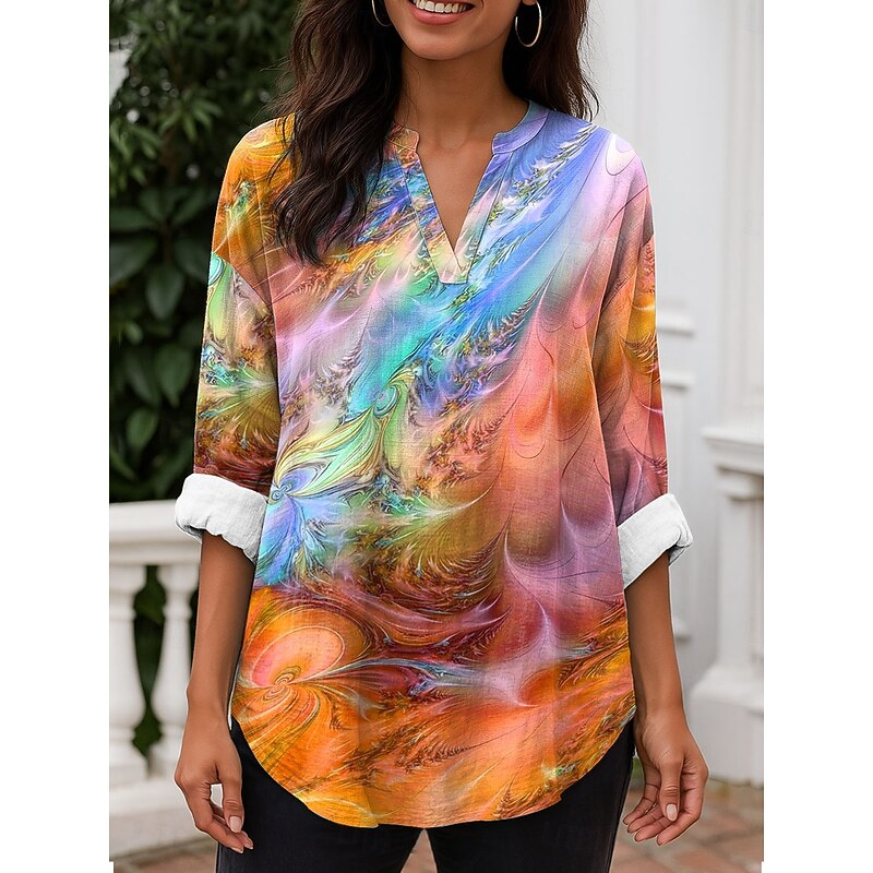 Women's Blouse Tunic V Neck Long Sleeve Boho Casual Tops Ombre Graphic Vintage Daily Stylish Regular Tops Daily Print Blue Purple Orange Green Spring Fall2