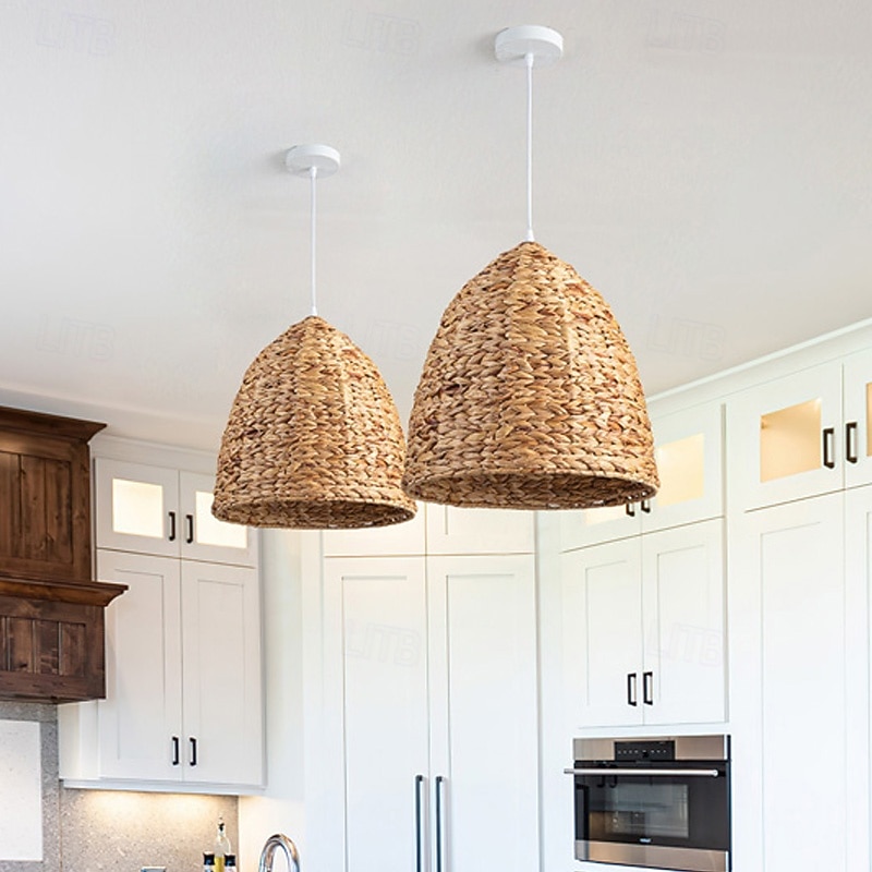 Country Vintage Pendant Light, Rattan Material, 46cm Height, Warm White/White Light, E26 E27, Adjustable Chain