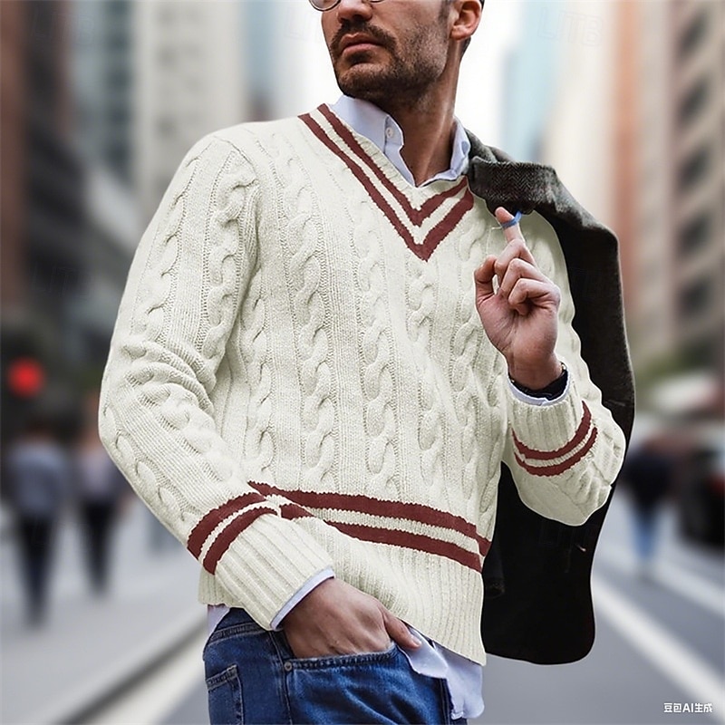 Men's Sweater Pullover Sweater Jumper Cable Knit Regular Tops Knitted Slim Fit Plain V Neck Knitwear Contemporary Casual Daily Wear Clothing Apparel Fall White Yellow M L XL