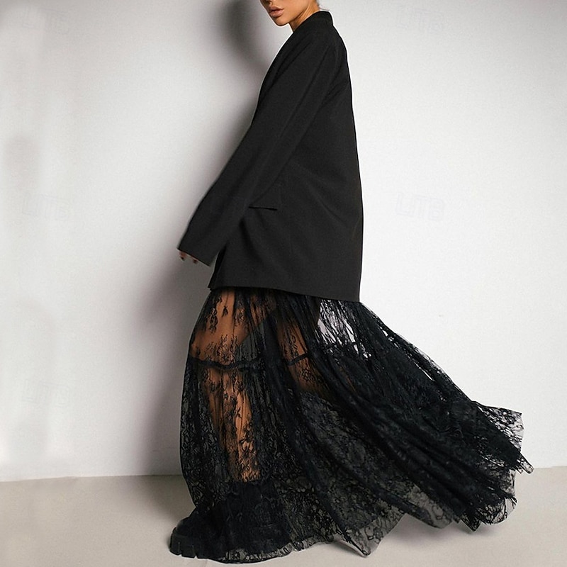 Women's Skirt A Line Swing Elegant Vintage Sexy Long Maxi Mid Waist Skirts Lace Ruffle Patchwork Inelastic School Performance Black Spring, Fall, Winter, Summer Nylon2