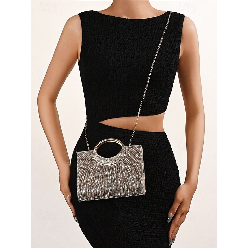 Women's Rhinestone Evening Clutch Bag with Round Handle – Sparkly Gold Crystal Purse for Cocktail Parties, Weddings & Formal Events3