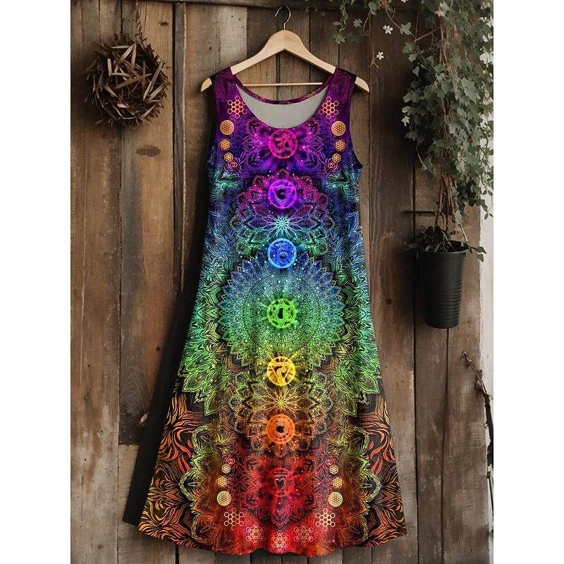 Women's  tree of life Merkabah Midi Dress Sundress A Line Dress Vacation Casual Boho Wedding Party Going out Standard Fit Floral Graphic Leaf Sleeveless U Neck Silver4