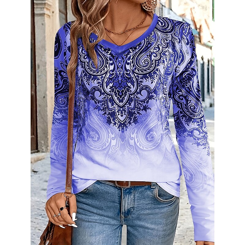 Women's T Shirt V Neck Long Sleeve Tunic Graphic Geometry Vintage Stylish Casual Regular Tops Daily Print Red Blue Purple Green Gray Spring Fall4