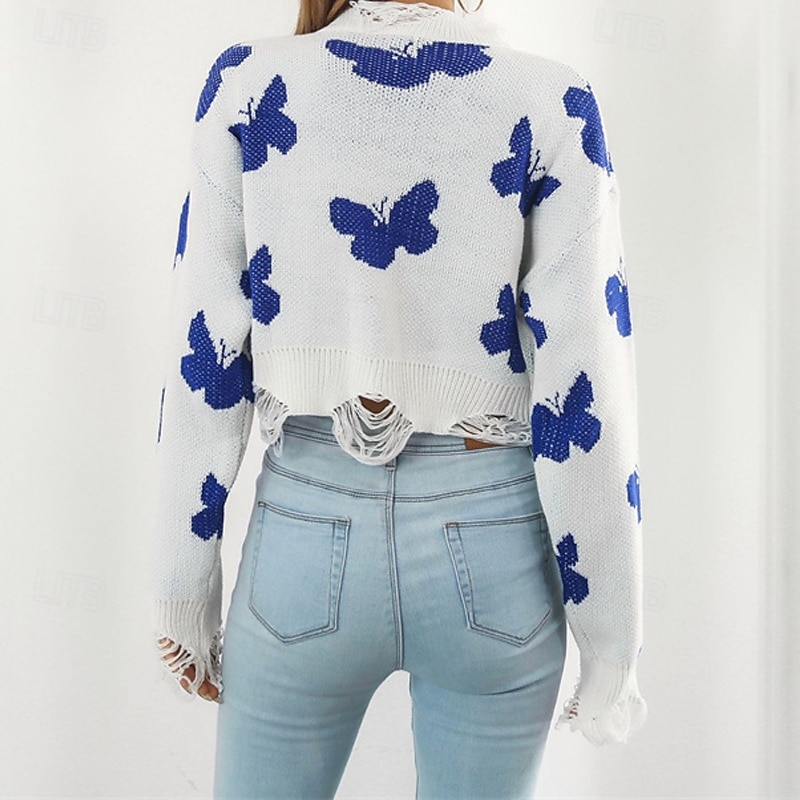Women's Pullover Casual Butterfly Chunky Crew Neck Knitted Long Sleeve Regular Tops Knit Daily Holiday Going out Black White Fall Winter4