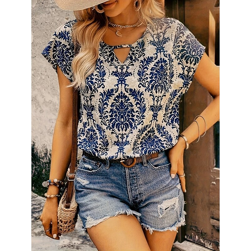 Women's T Shirt Floral Vintage Ethnic Short Sleeve Crew Neck Regular Tops Daily Print Blue Summer