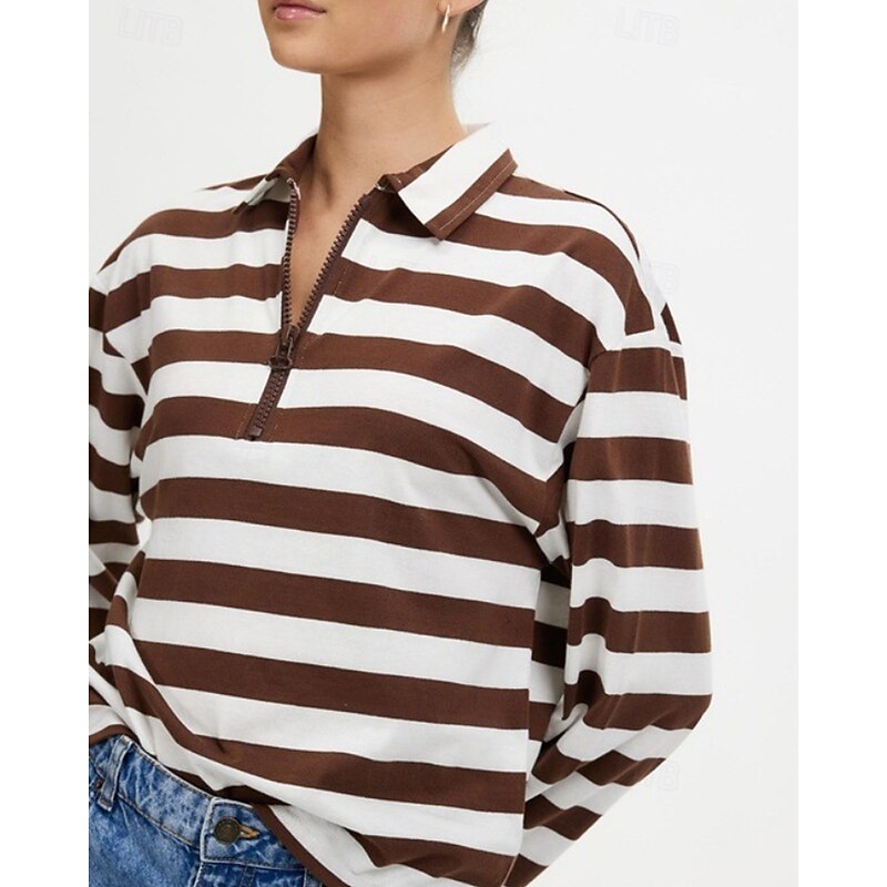 Women's Pullover Sweatshirt Sweatshirts Striped Casual Long Sleeve V Neck Regular Tops Street Going out Half Zipper Quarter Zipper Zipper Black Red Coffee Fall2