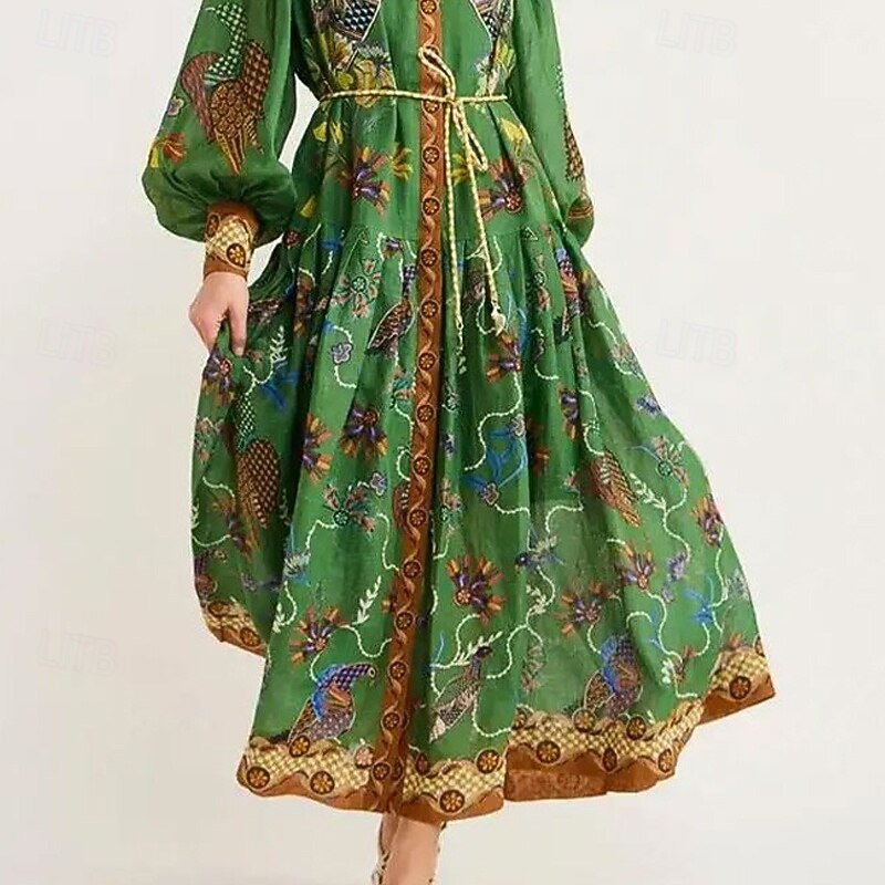 Women's Midi Dress Shirt Dress Swing Dress Print Dress Classic Modern Outdoor Vacation Holiday Regular Fit Flower Long Sleeve Shirt Collar Green Fall3