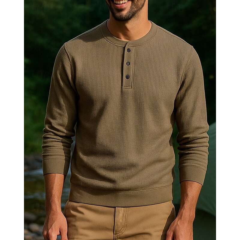 Men's Henley Sweatshirt Long Sleeve Crew Neck Top Outdoor Breathable Polyester Coffee Tennis Workout Running3