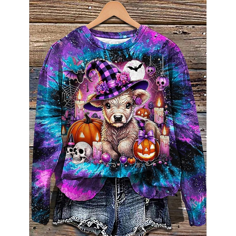 Halloween Women's Pullover Sweatshirt Graphic Cow Halloween Fashion Casual Long Sleeve Crew Neck Regular Tops Street Dailywear Casual Print Black Purple Brown Fall Winter