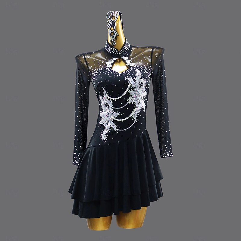Latin Dance Dress Rhinestone Women's Performance Training Long Sleeve Rumba Salsa Chacha Stage Dancewear Costumes