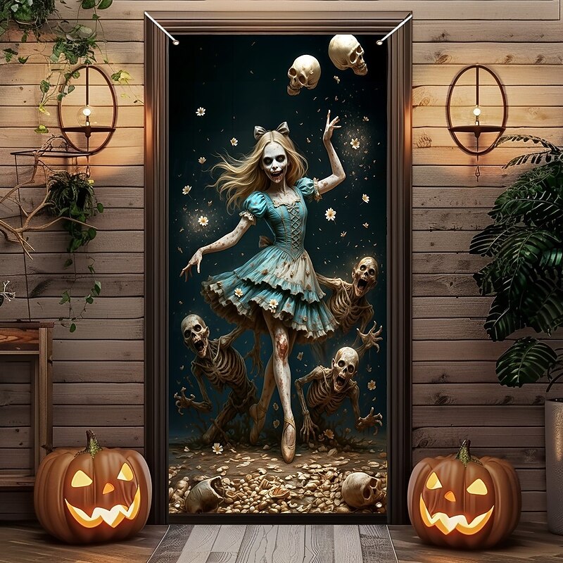 Halloween Door Cover – Creepy Porcelain Doll in Blue Dress, Haunted House Entrance Banner, Scary Outdoor & Indoor Decoration for 2025 Halloween Bedroom, Living Room, Bathroom2