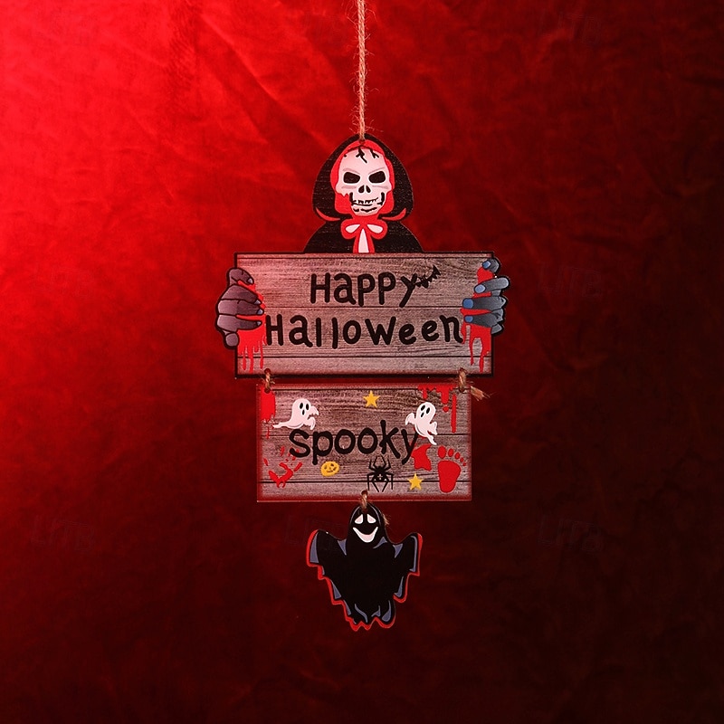 Halloween Wooden Hanging Sign Decor, Cartoon 3-Piece Printed Ghost and Skull Plaque, Colorful Wall or Door Ornament for Halloween Party, Home Decoration, and Spooky Scene Setup4