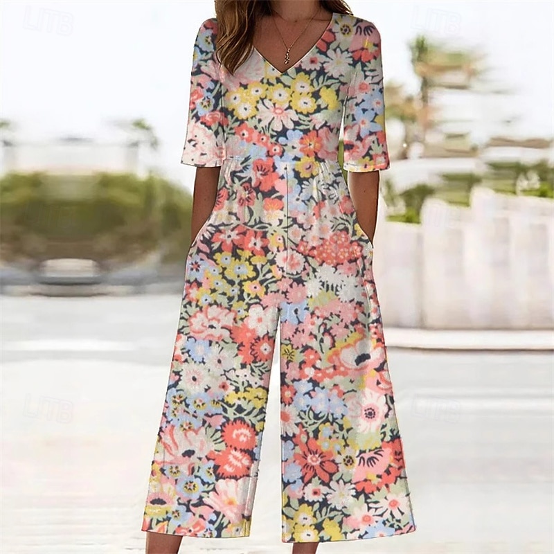 Women's Normal Jumpsuit Streetwear Floral Short Sleeve Wide Leg V Neck Pocket Print Street Daily Regular Fit Pink Summer