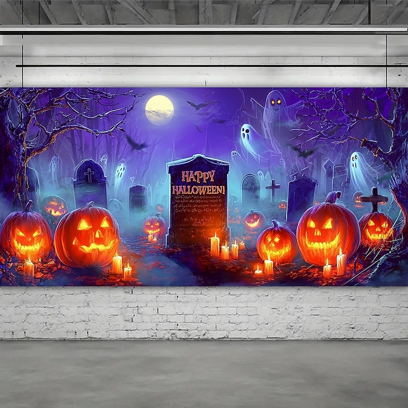 Halloween Garage Door Cover Neon Cemetery with Pumpkins Banner, Glowing Blacklight Backdrop Decoration for Holiday Outdoor Garage Door and Home Wall, 2025 Halloween Decorations3
