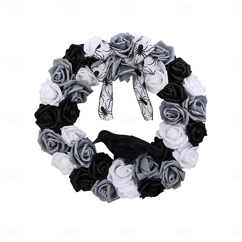 Halloween Wreath for Front Door Indoor Outdoor Decoration, Black and White Rose Crow Garland, Spooky Faux Floral Vine Ring for Party Wall Decor3