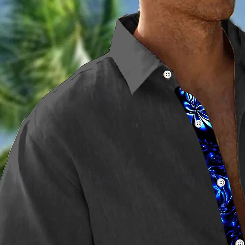 Men's Floral Print Neon Flowers Shirt Button Up Shirt Long Sleeve Fashion Casual Vacation Daily Streetwear Spring Fall Turndown 3D Print Collared Shirts Front One Pocket Black Blue3