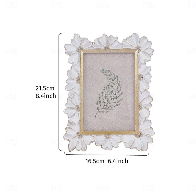 White Resin Photo Frame with Gold-Edged 3D Daisy Design, Square Picture Frame for Desktop Display, Horizontal and Vertical Use, Ideal for Home Decor and Photography Props4