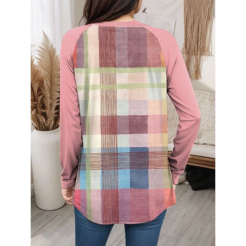 Women's T Shirt Graphic Plaid Vintage Fashion Stylish Long Sleeve Crew Neck Regular Tops Daily Weekend Print Pink Blue Purple Green Spring Fall2