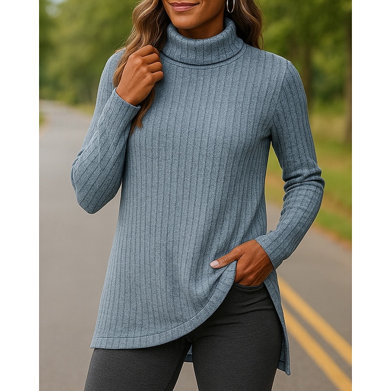 Women's Pullover Sweater Turtleneck Sweater Long Sleeve Top Athleisure High Neck Solid Colored Fashion Warm Outdoor Sportswear Activewear Dark Grey Black Red - Main Image